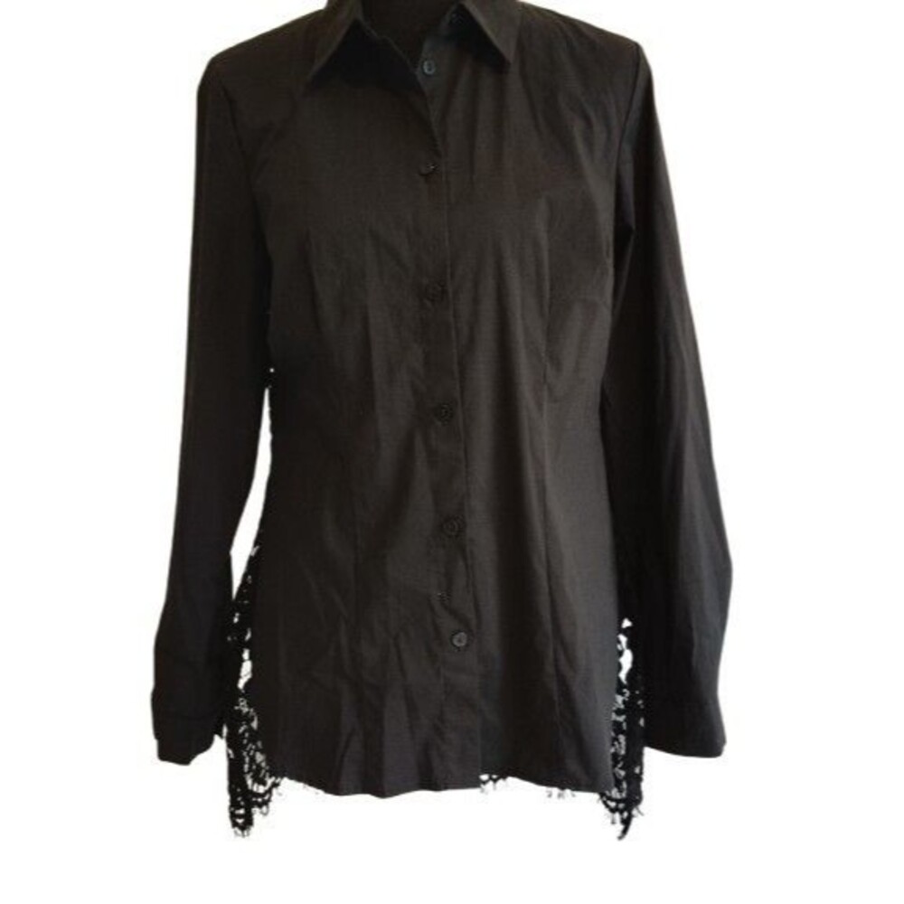 Kate & Mallory Black Lace Back Button Down Shirt Long Sleeve Blouse Small...